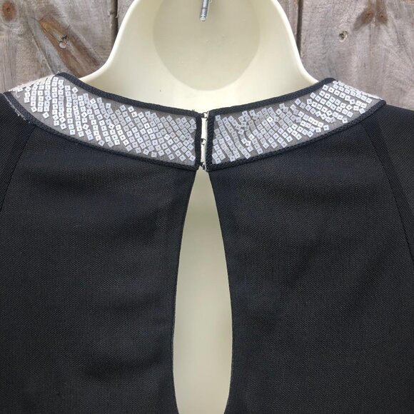 Neil Bieff Black Sequin Blouse Wool 8 Top White Keyhole Vintage Medium - Picture 7 of 8